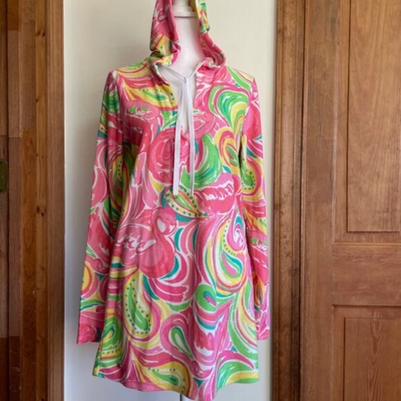LILLY PULITZER Megan Hooded Tunic Terrycloth Swim Cover Up Pink Flamingos Small - Picture 3 of 17